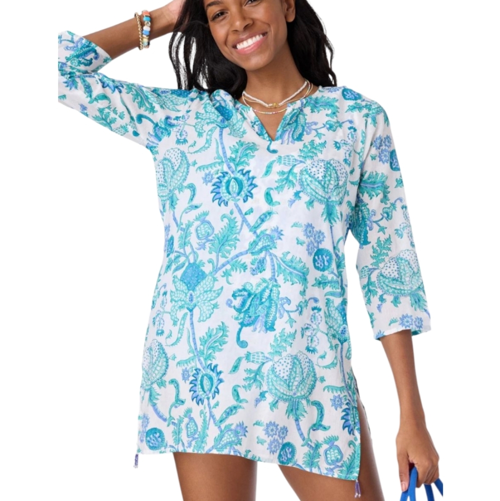 Roberta Roller Rabbit Medium Amanda Kurta Blue and White Floral Tunic Beach Top